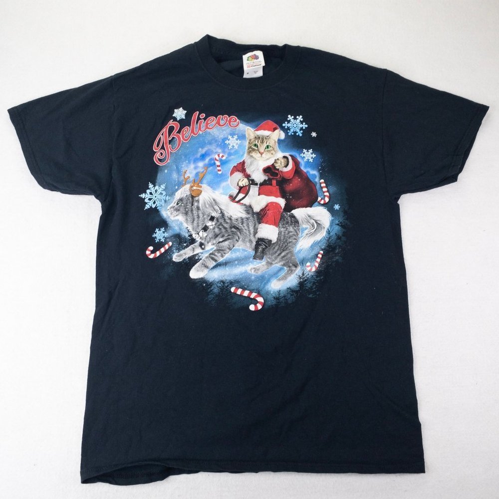 Christmas Santa Cat Womens Shirt Black Medium Short Sleeve Fruit of the Loom